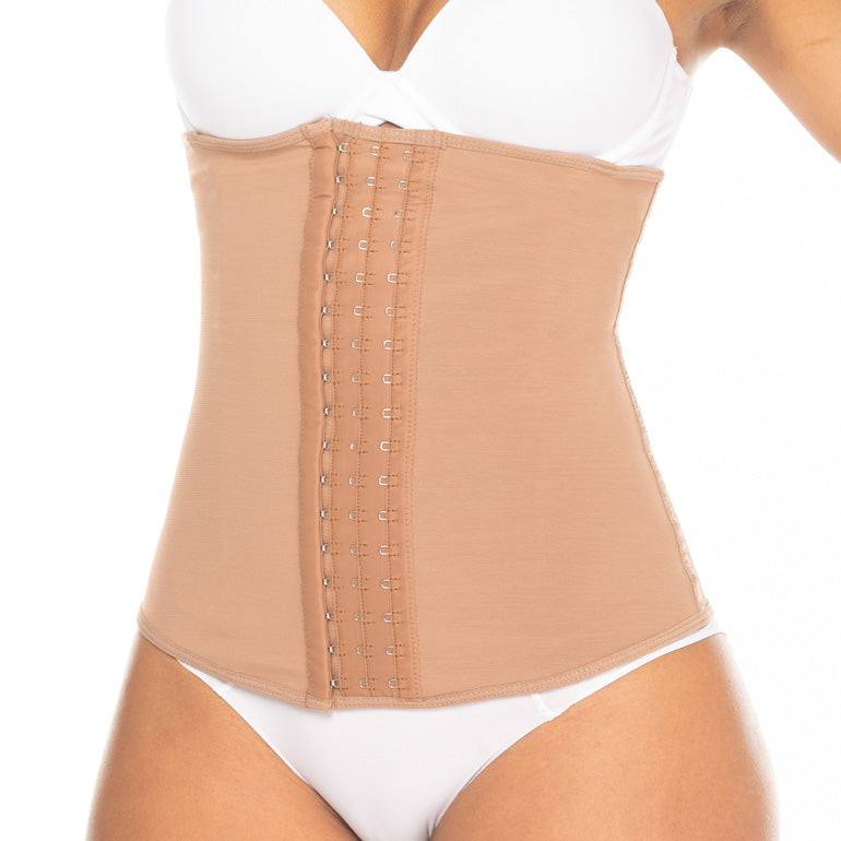 Strapless semi vest waist trainer with central hooks.